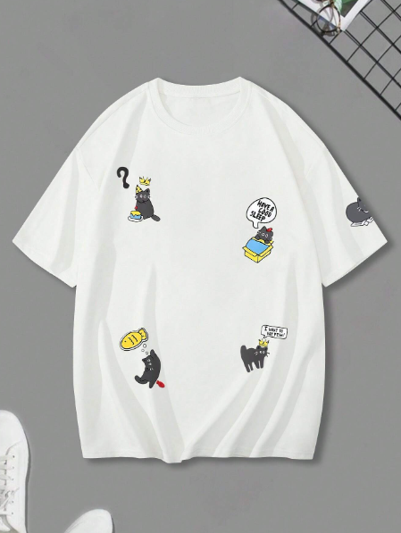 Manfinity Hypemode Men Plus Size Summer Cartoon Cat Printed Round Neck Short Sleeve Casual T-Shirt With Slogan