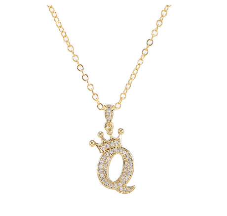 Luxury Crystal Zircon Alphabet Pendant Necklaces for Women Men Gold Crown Initial Letter Necklace O
