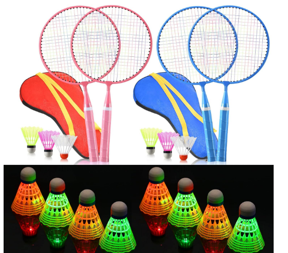 2 Pairs Badminton Rackets Set for Children Kid Shuttlecocks Sports Nylon Alloy Badminton Racquet Set with 8 LED Badminton Birdies, 6 Non Luminous Badminton Birdies and 2 Carrying Bags,Night Pink Blue