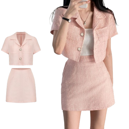 Lovito Women Elegant Plain Pocket Button Tweed Skirt Set L77ED251