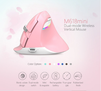 Delux M618 Mini Wireless Pink Mouse Bluetooth 4.0+2.4Ghz Dual Mode Ergonomic Rechargeable Silent Mute Click Vertical Mice For Pc