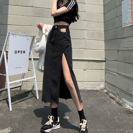 High Waist A-line Mid Length Loose Side Split Denim Skirt