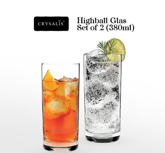CRYSALIS Highball Glass Lead-Free Crystal Set of 2 | 380ml Beverage Juice Water Drinking Glass