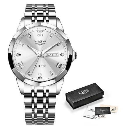 LIGE Steel Watch For Men Classics Design Full Calendar Chronograph Relo Couple Waterproof Business Wristwatch SILVER WHITE