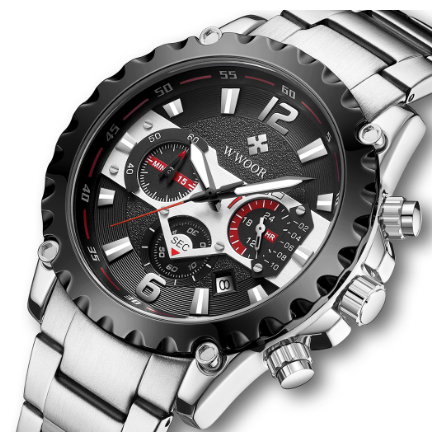 Wwoor Men Watch Stainless Steel Waterproof Original Quartz Battery Analog Wristwatch BLACK DIAL SILVER STRAP