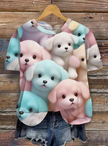 Women's Short Sleeve Round Neck 3d Dog Printed T-Shirt, Spring And Summer