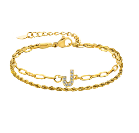 Vnox Letter Double Layer Braelet,18K Gold Fried Twistsed Paper Clip Zirconia Initial Stainless Steel Chain Link for Women J