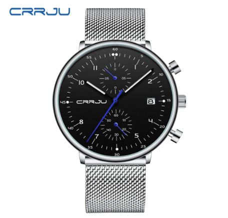 CRRJU Men's Watch Top Brand Luminous Casual Sports Analog Quartz Stainless Steel Waterproof 2278 X SILVER BLACK