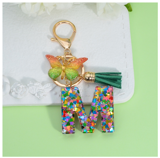 Fashion Butterfly Pendant 26 Letter Keychain Heart Sequins Filled A-Z Initial Key Chains With Tassel Bag Charms Accessories Gift M