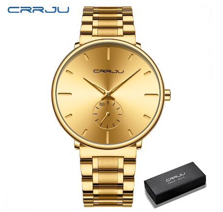 CRRJU Men's Fashion Black Stainless Steel Wrist Watch Waterproof Business Dress Watch for Men 2150S M7