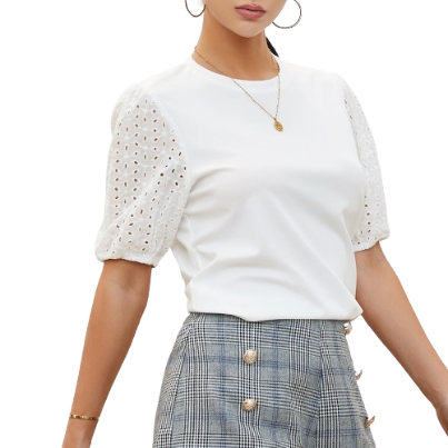 Lovito Plain Stitching Lace Puff Sleeve Eyelet Embroidery T-Shirts L20D180 (White)