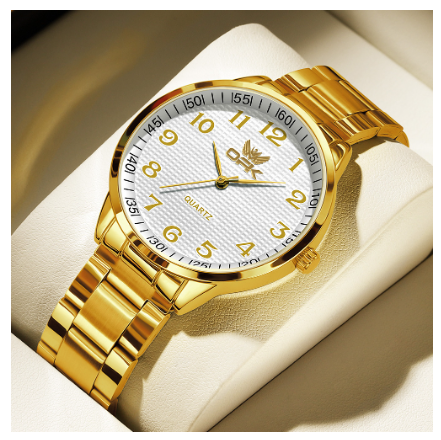 OPK Watch For Men WaterProof Original Stainless Steel Strap Fashion Luminous Calendar Quartz Men's Watches WHITE DIAL GOLD STRAP