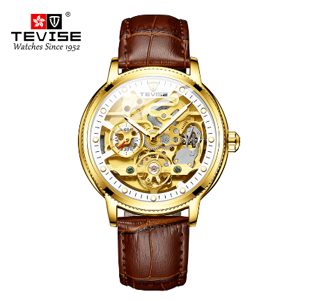 TEVISE Automatic watch for men Gold Luxury Skeleton Mechanical Watches waterproof Luminous Tourbillon Leather strap Men Watch 6