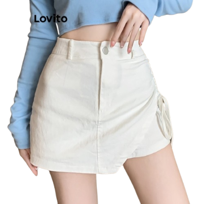 Lovito Women Casual Plain Ruched Zipper Shorts LNA27326 (White)