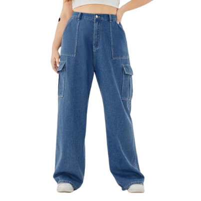 Lovito Plus Size Curve Casual Plain Pocket Zipper Jeans for Women LPS09108 (Blue)