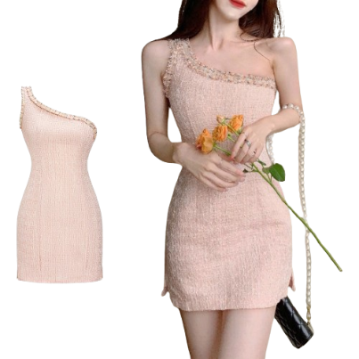 Lovito Women Elegant Plain Ruffle Neck Split One Shoulder Dress L65ED163 (Pink)