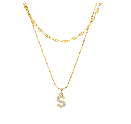 Vnox Double Layered Letter Initial Pendant Necklace,Gold Plated Shiny Zircon Alphabet Charm Necklace for Women S