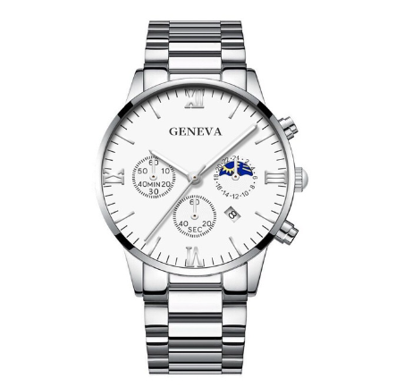 GENEVA High Quality Luxury Silver Mens Full Steel Business Quartz Wacthes Mens Original Waterproof Fashion Wristwatch Men Watch Relo SILVER WHITE