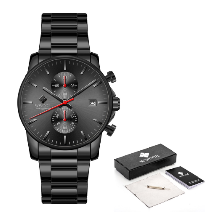 Wwoor Sports Watches Mens Luxury Brand Stainless Steel Quartz Watch Chronograph Date Wristwatch Business Male Watch BLACK RED