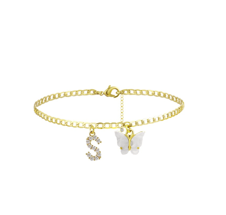 Fation Dainty Butterfly Initial Ankle Bracelets Handmade Cuban Chain White Butterfly A-Z Alphabet Letter Initial Anklets Summer Beach S