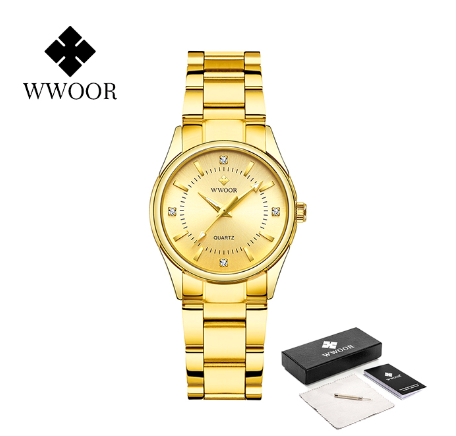 WWOOR New Luxury Watch Woman Elegant Dress Ladies Quartz Bracelet Watch For Women Clock Fashion Stainless Steel Waterproof Watch ALL GOLD
