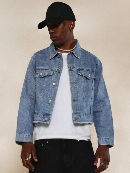 SUMWON Crop Fit Denim Jacket With Raw Edge Detail
