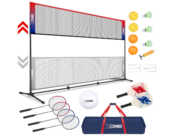 10ft Badminton Pickleball Kids Volleyball Sets with Net for Backyards Adjustable Height (7ft Max Height) Freestanding 3 in 1 Combo Rackets Set Portable Outdoor Driveway