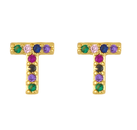 New European and American Fashion Gold 26 Letters Colorful Zircon Alphabet Stud Earrings Women Jewelry Gifts T