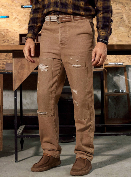 Manfinity RivetRise Vintage American Style Men's Khaki Denim Cargo Jeans Loose Straight Pants With Patchwork