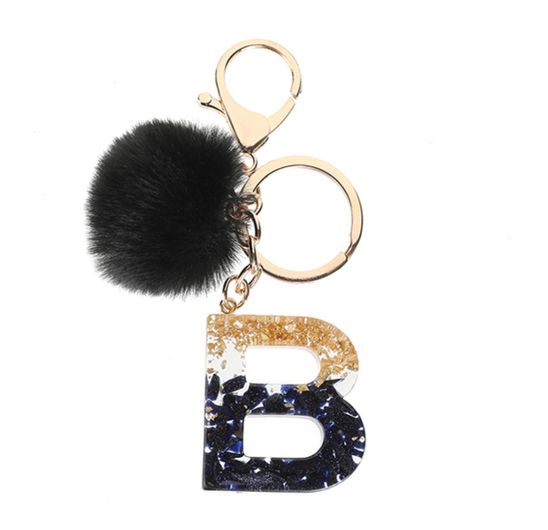 New Black Pompom 26 English Alphabet Resin With Gold Foil Keychain Charms Exquisite Letter Keyring B