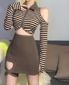 Cute Korean Style Fashion Striped Cold Shoulder Cropped T-shirt & Skirt 2 Piece Set