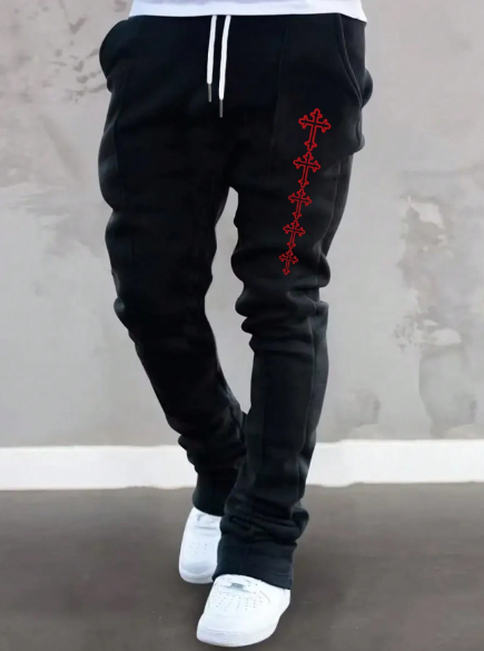 Men Cross Print Drawstring Waist Casual Sports Pants