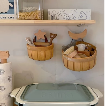 Sundries Basket Storage Organizer Hanging Garlic Wall-Mounted Bamboo Kitchen Living Room