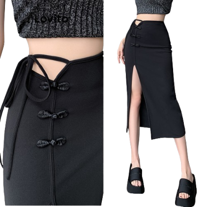 Lovito Women Elegant Plain Tie Front Skirt LNE42186