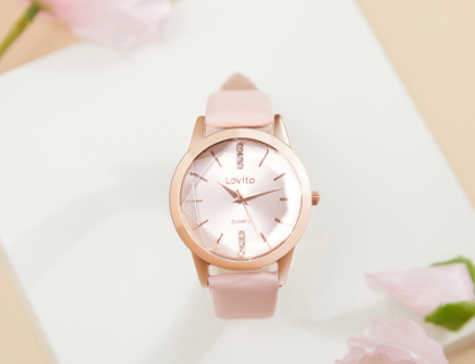 Plain Metal Rhinestone PU Strap Quartz Watch for Women (Pink)