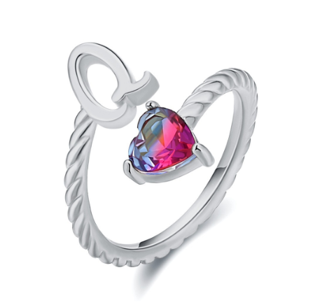 Letter Ring 925 Silver 26 Letters A-Z Initial Ring Open Gradient Zircon Ring for Women Jewelry Gift Q