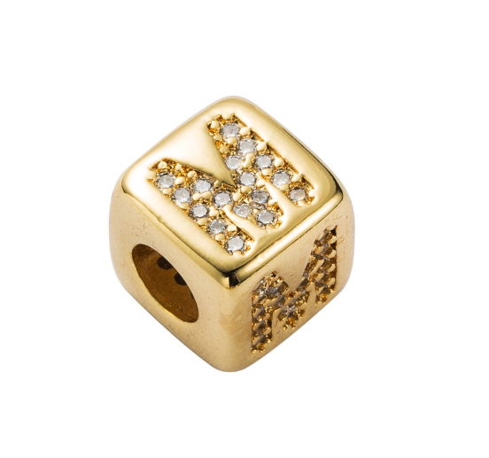 Gold Rhinestone Letters Cube Charm for Bracelet Necklace A-Z Alphabet Dice Beads M