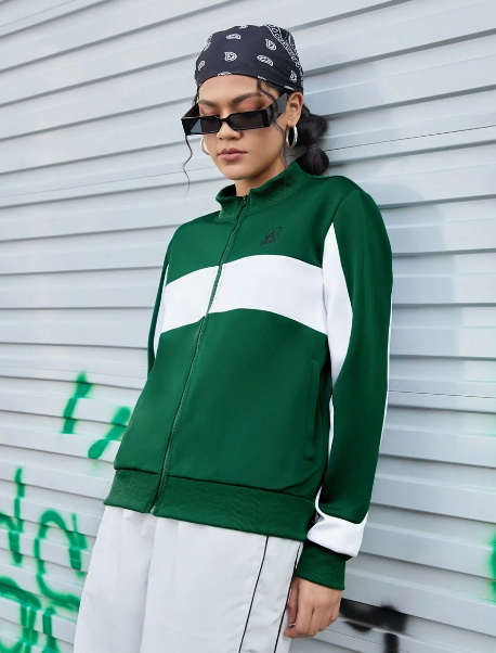 Street Sport Colorblock Zipper Front Stand Collar Sports Jacket