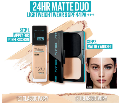 Maybelline Fit Me 24HR Matte Duo Makeup Set: Oil Control Liquid Foundation 30mL and Powder (Fair)