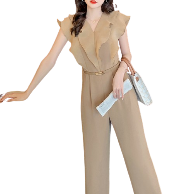 Lovito Women Elegant Plain Ruffle Fabric Stitching Jumpsuit L71ED208 (Khaki)