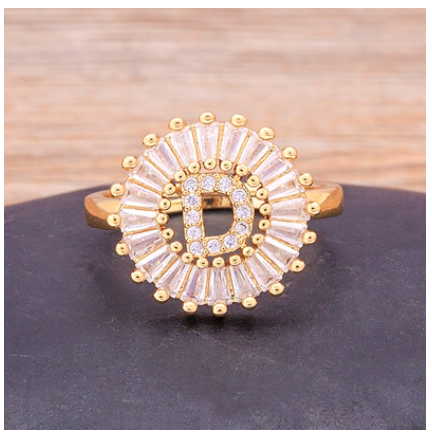 Initial 26 Alphabet Adjustable Size Gold Color Zircon A-Z Letter Ring Statement Name Jewelry D