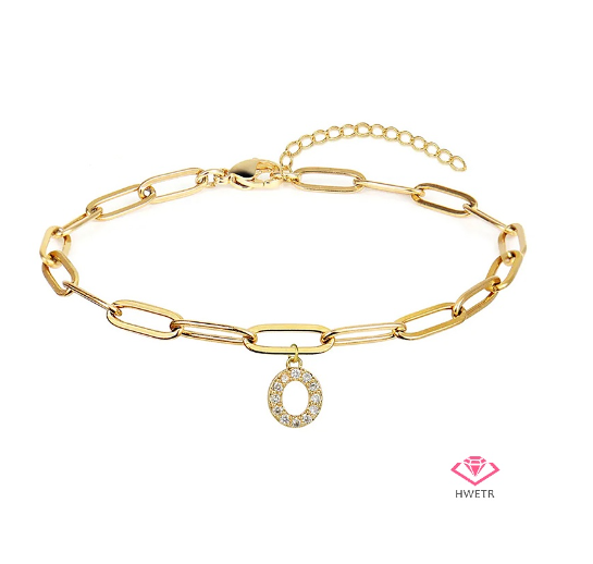 Hwetr Fashion 26 A-Z Initial Bracelet For Women Classic Zircon Letter Pendant Paper Clip Chain Bracelet Jewelry Accessories Gift O