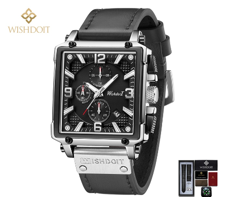 WISHDOIT Watch for Men Original Waterproof Sports Leather Strap Fashion Trend Calendar Luminous Square Watch SILVER BLACK