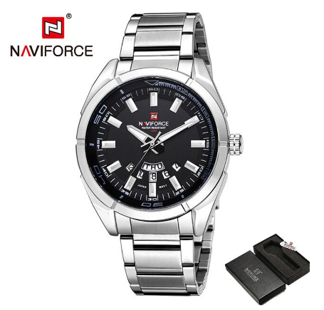 Naviforce NF9038 Men Top Brand Full Steel Waterproof Casual Quartz Date Sport Military Wrist Watch WHITE DIAL SILVER CASE STRAP