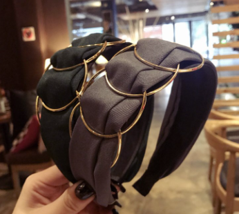 Korean Style Hair Accessories High-End Boutique Golden Ring Cross Stitching Fabric Wide-Brimmed Headband