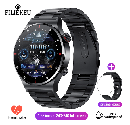 FILIEKEU New Hwgt2 Smart Watch HD AMOLED Screen Support Ecg Plus Ppg Bluetooth Call Sports Fitness Fashion Waterproof For Android Ios STEEL BLACK A