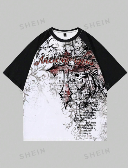 ROMWE Goth Men's Skull Pattern Round Neck Short Raglan Sleeve T-Shirt With Slogan Print