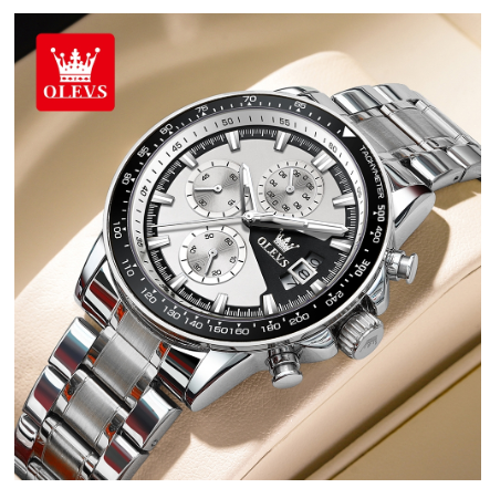 Olevs Watch For Men Waterproof Original Quartz Luminous Calendar Stainless Steel Watch WHITE DIAL SILVER CASE