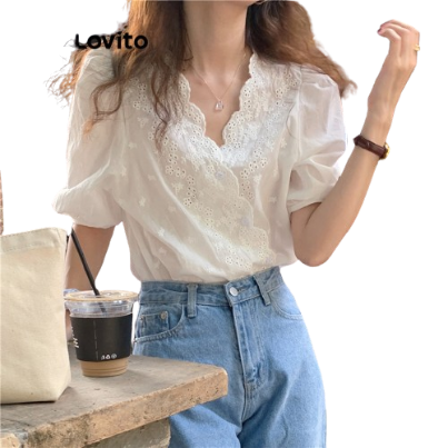 Lovito Women Casual Plain Embroidery Eyelet Wrap Blouse LNE27205 (White)