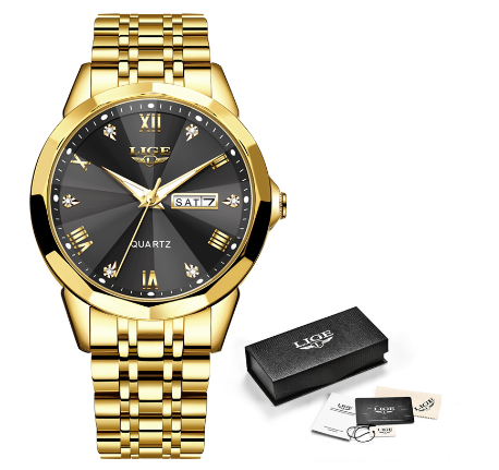 LIGE Steel Watch For Men Classics Design Full Calendar Chronograph Relo Couple Waterproof Business Wristwatch GOLD BLACK